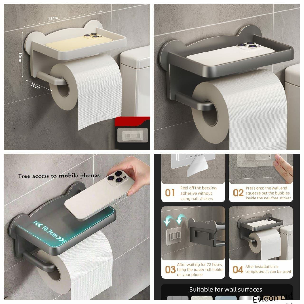 Punch-Free Toilet Tissue Holder Wall Mounted Adhesive Toilet Paper Roll Holder No-Drill Bathroom Organizer.