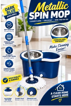 Magic 360° Rotating Metallic Spin Mop - Professional Floor Cleaning System with Stainless Steel Basket - Dual-Drive Spin Bucket with 2 Microfiber Mop Heads
