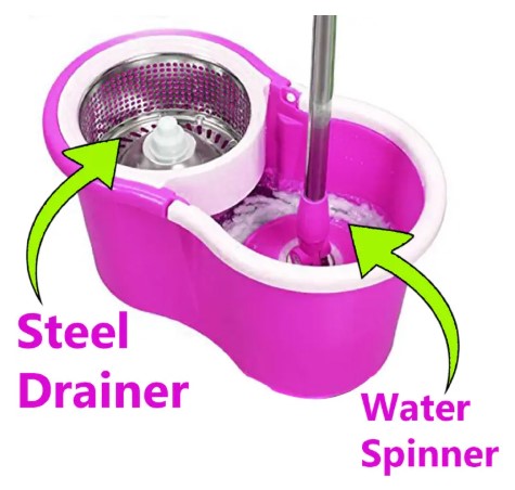 Magic 360° Rotating Metallic Spin Mop - Professional Floor Cleaning System with Stainless Steel Basket - Dual-Drive Spin Bucket with 2 Microfiber Mop Heads