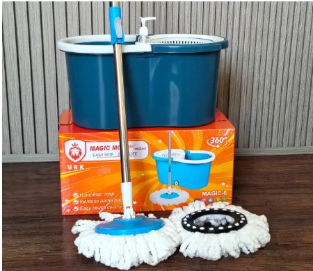 Magic 360° Rotating Metallic Spin Mop - Professional Floor Cleaning System with Stainless Steel Basket - Dual-Drive Spin Bucket with 2 Microfiber Mop Heads
