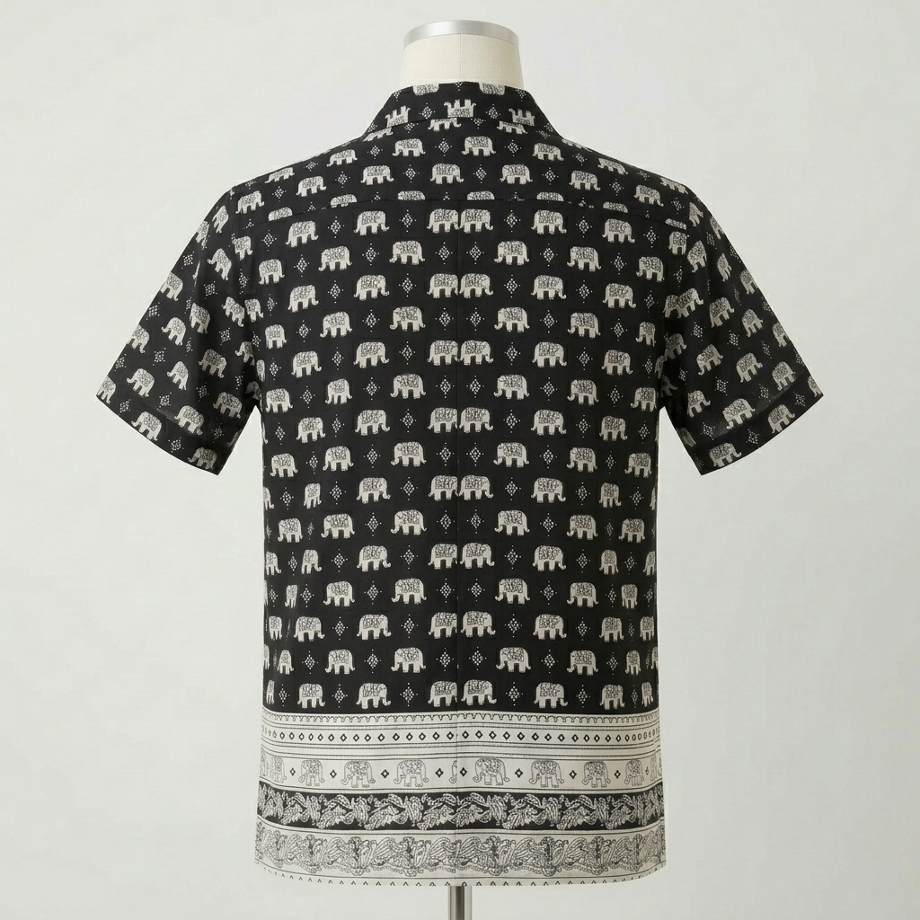 Boys' Casual Black Elephant Print Short-Sleeve Cuban Shirt