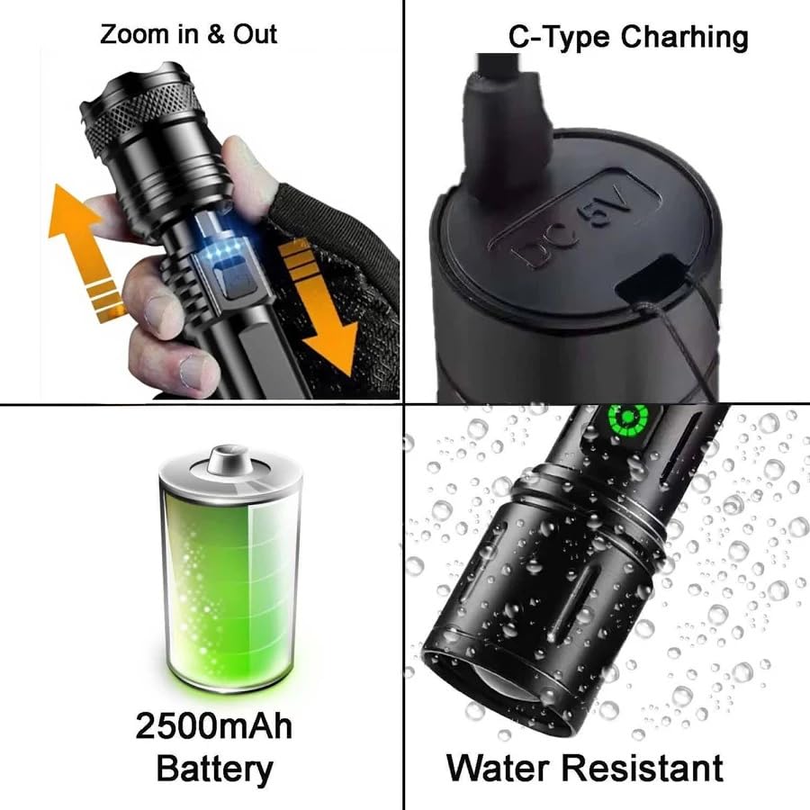 Rechargeable LED Flashlight with COB Side Light, USB Charging, High Power Long Range Torch, 4 Light Modes, Waterproof Portable Handheld Emergency Torch for Camping, Hiking, Home & Outdoor Use