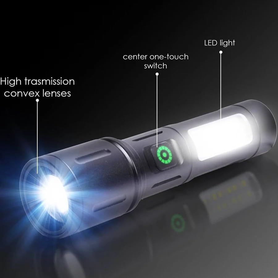 Rechargeable LED Flashlight with COB Side Light, USB Charging, High Power Long Range Torch, 4 Light Modes, Waterproof Portable Handheld Emergency Torch for Camping, Hiking, Home & Outdoor Use