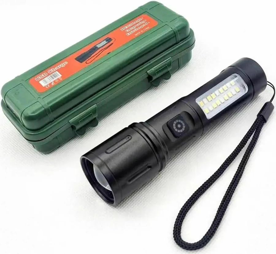 Rechargeable LED Flashlight with COB Side Light, USB Charging, High Power Long Range Torch, 4 Light Modes, Waterproof Portable Handheld Emergency Torch for Camping, Hiking, Home & Outdoor Use