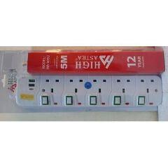 HIGH ASTRA Heavy Duty 5 Way, 2 usb.1-type C port Extension Socket with 5 Meter cable.
