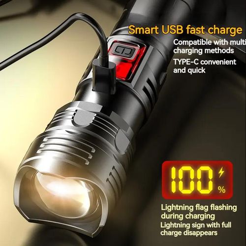 Rechargeable LED Torch – Super Bright Flashlight with Digital Power Display