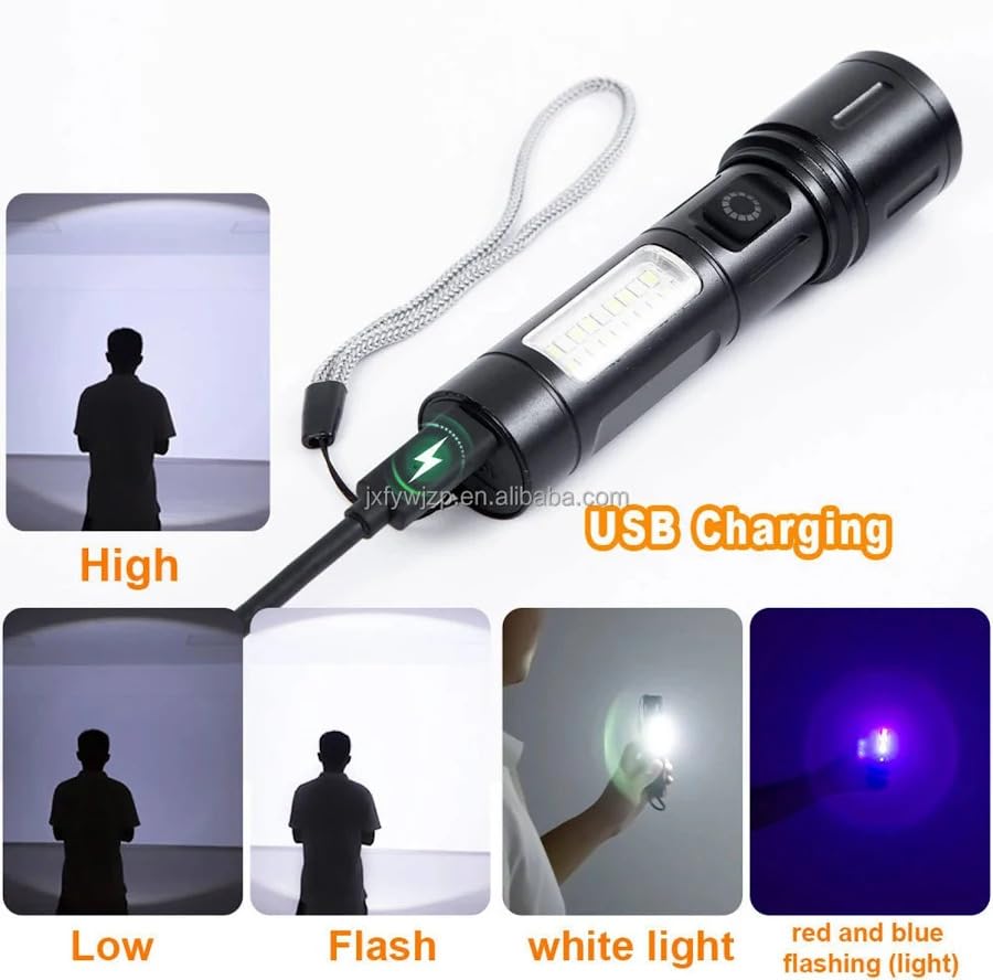 Rechargeable LED Flashlight with COB Side Light, USB Charging, High Power Long Range Torch, 4 Light Modes, Waterproof Portable Handheld Emergency Torch for Camping, Hiking, Home & Outdoor Use