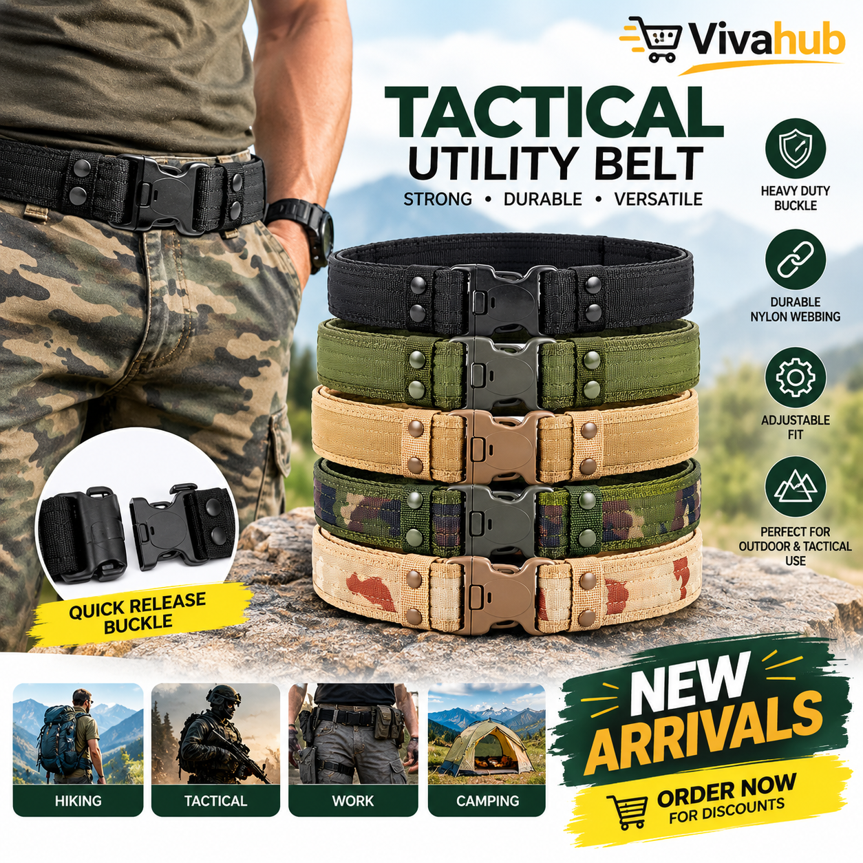 Tactical Utility Belt for Men Adjustable Nylon Military Belt Quick Release Buckle Outdoor Work