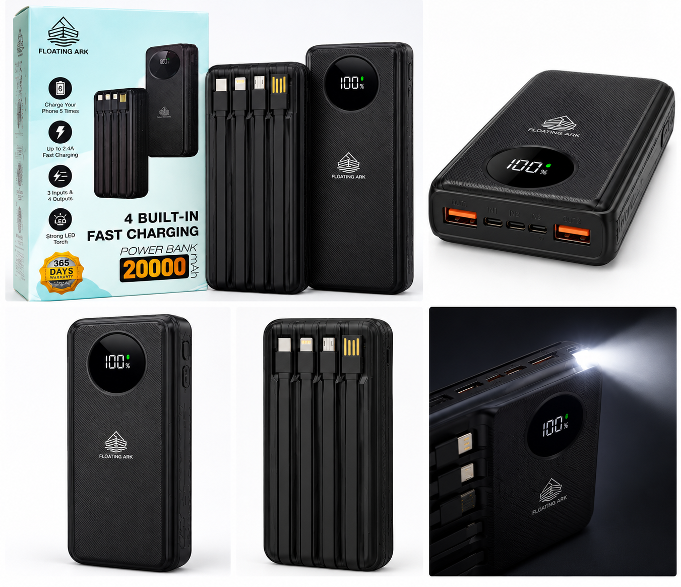 Floating Ark 20000mAh Power Bank with 4 Built-in Cables, Fast Charging and LED Torch