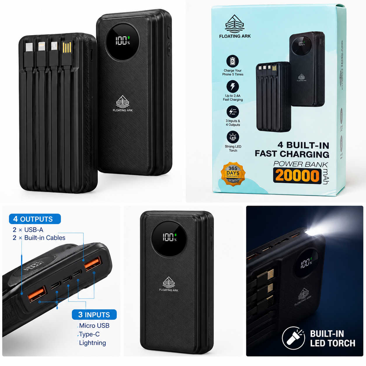 Floating Ark 20000mAh Power Bank with 4 Built-in Cables, Fast Charging and LED Torch