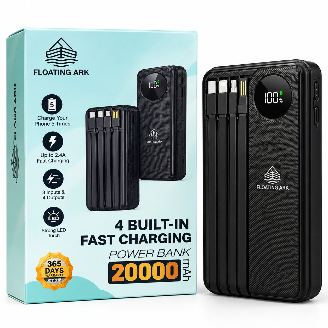 Floating Ark 20000mAh Power Bank with 4 Built-in Cables, Fast Charging and LED Torch