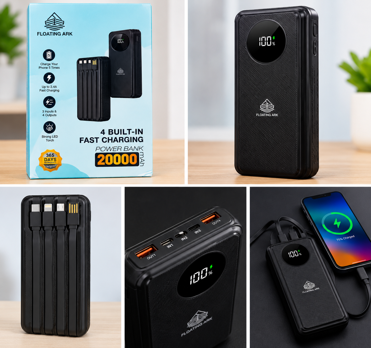 Floating Ark 20000mAh Power Bank with 4 Built-in Cables, Fast Charging and LED Torch