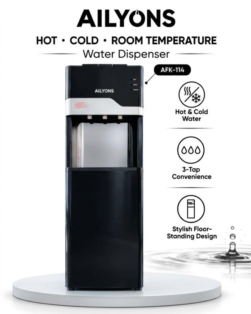 ​AILYONS AFK-114 Three-Tap Floor-Standing Hot Cold Room Temperature Water Dispenser Unit High Efficiency Stainless Steel Tank Premium Office Home Appliance

Bottom load