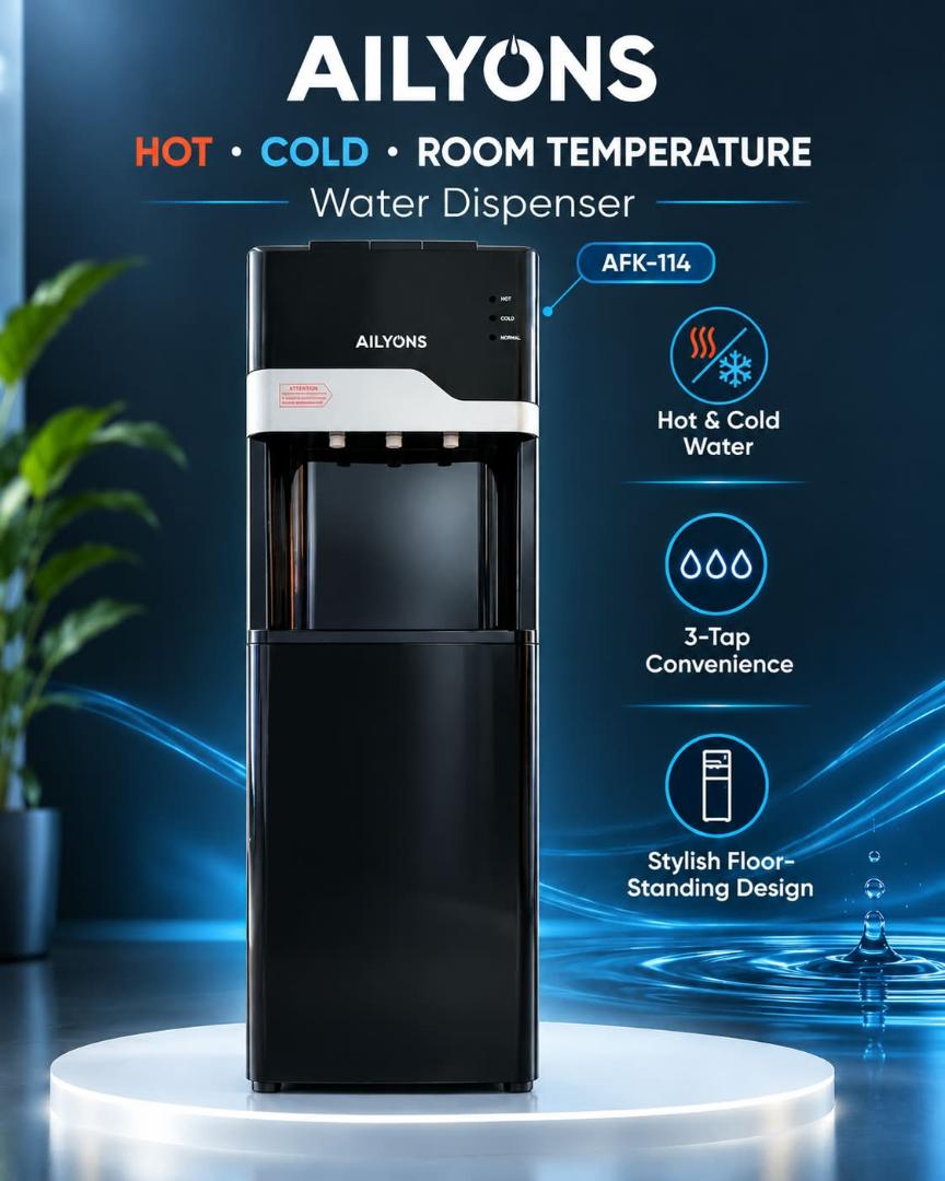 ​AILYONS AFK-114 Three-Tap Floor-Standing Hot Cold Room Temperature Water Dispenser Unit High Efficiency Stainless Steel Tank Premium Office Home Appliance

Bottom load