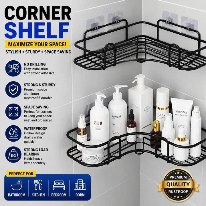 OFFER  !! OFFER !Newest Bathroom Organizer Corner Shelf Shampoo Storage Rack Holder Kitchen Organiser No-Drill Triangle Storage Rack Bathroom Shelf for Shampoo, Soap, Toiletries—Space-Saving Organiser