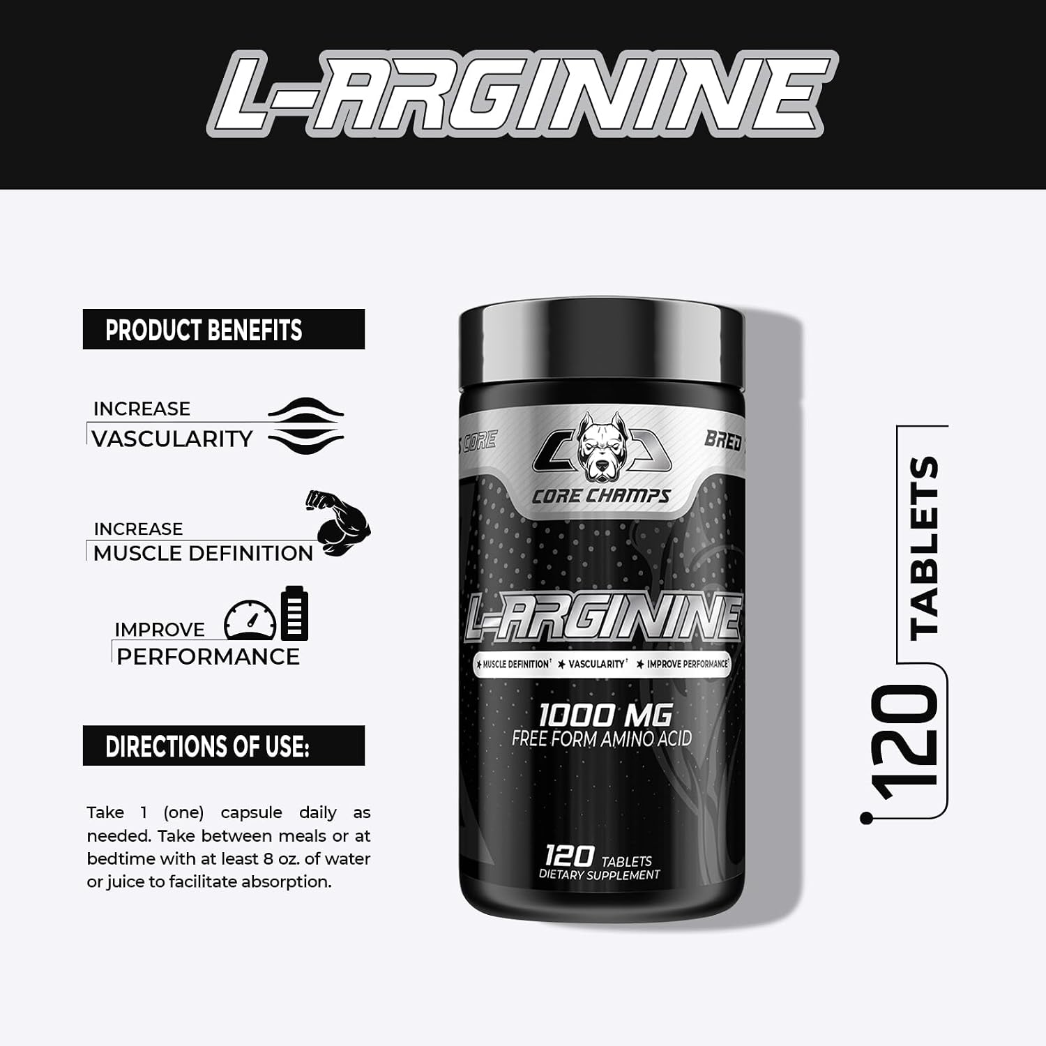 CORE CHAMPS L-ARGININE: Unlock the Potency of Nitric Oxide| 1000mg Free from Amino Acid| Cardiovascular&Immune Support| Muscle definition| Vascularity| improve Performance| 120 Capsules
