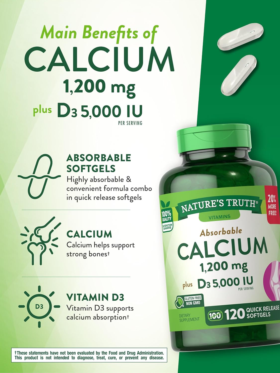 Nature's Truth Calcium 1200 mg Plus Vitamin D3 5000 IU Supplements, 120 Count-Bones Health-Muscle Health
