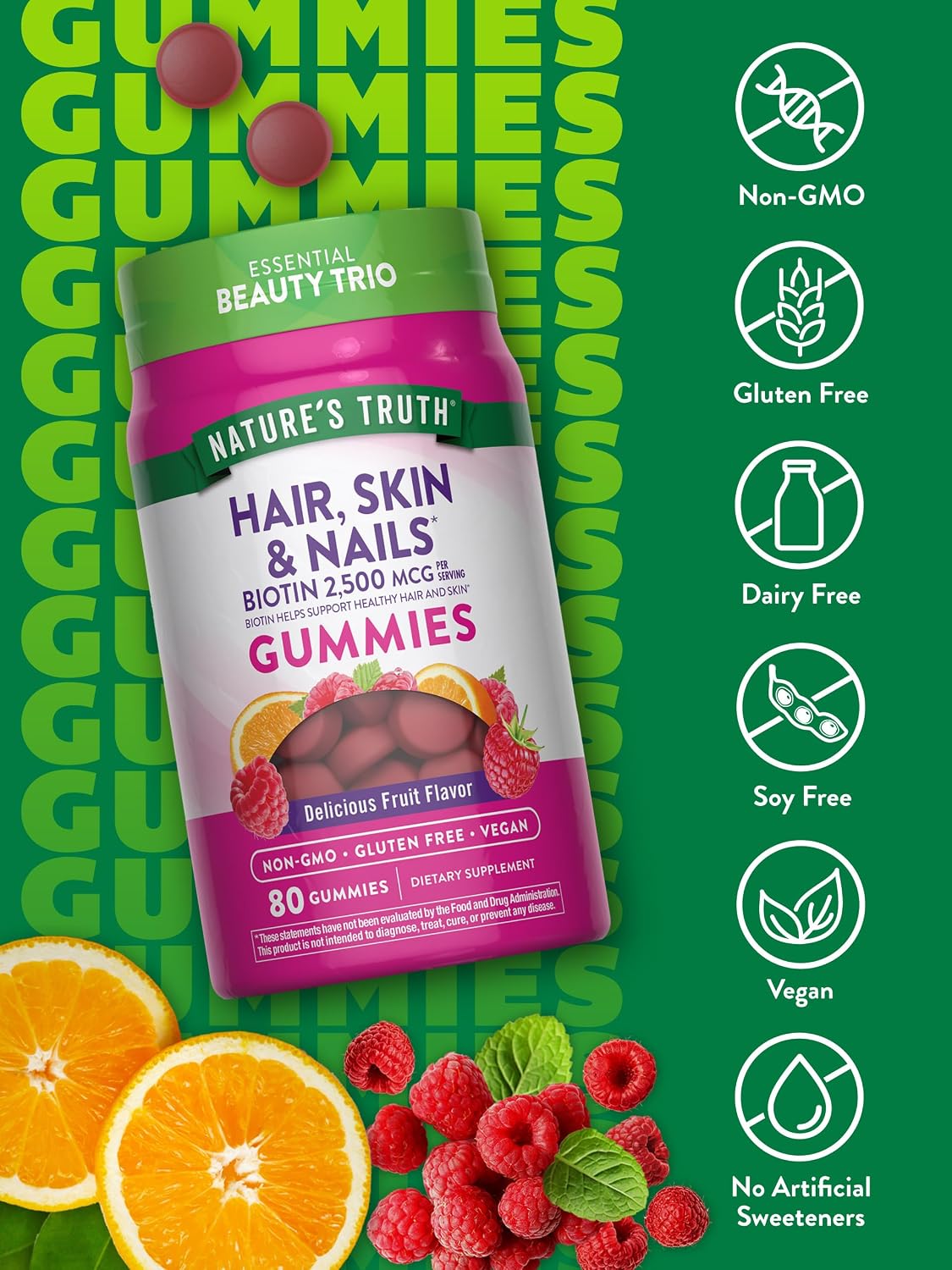 Nature's Truth Hair Skin and Nails Gummies | 2500mcg of Biotin | 80 Count