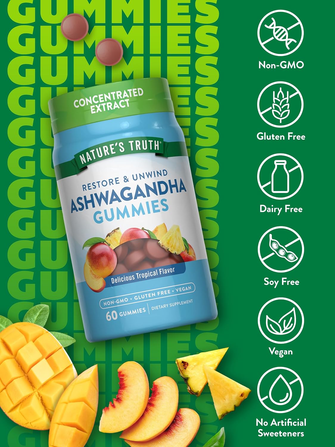 Nature's Truth Ashwagandha Gummies | 60 Count | Tropical Flavor-Stress-Anxiety-Sleep