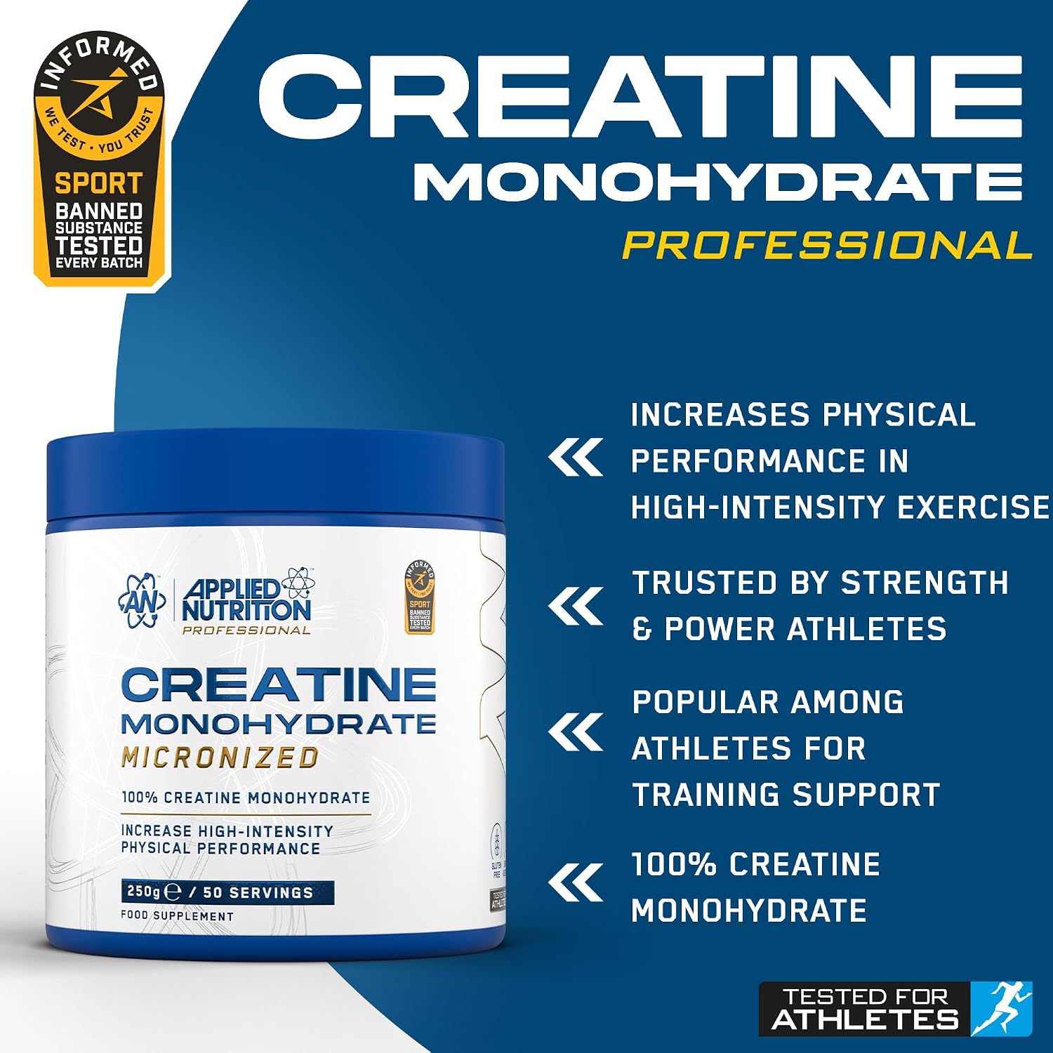 Applied Nutrition Creatine Monohydrate Micronized Unflavoured 250grams 50Servings-Informed Sport Certified Micronized Creatine Monohydrate - Strength, Muscle, Power - 5g Per Serving (50 Servings)