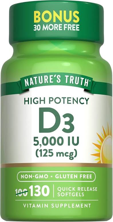NATURE’S TRUTH Vitamin D3 – 5000IU(125mg)QR 130s softgets-Bone. Teeth and Muscle Health