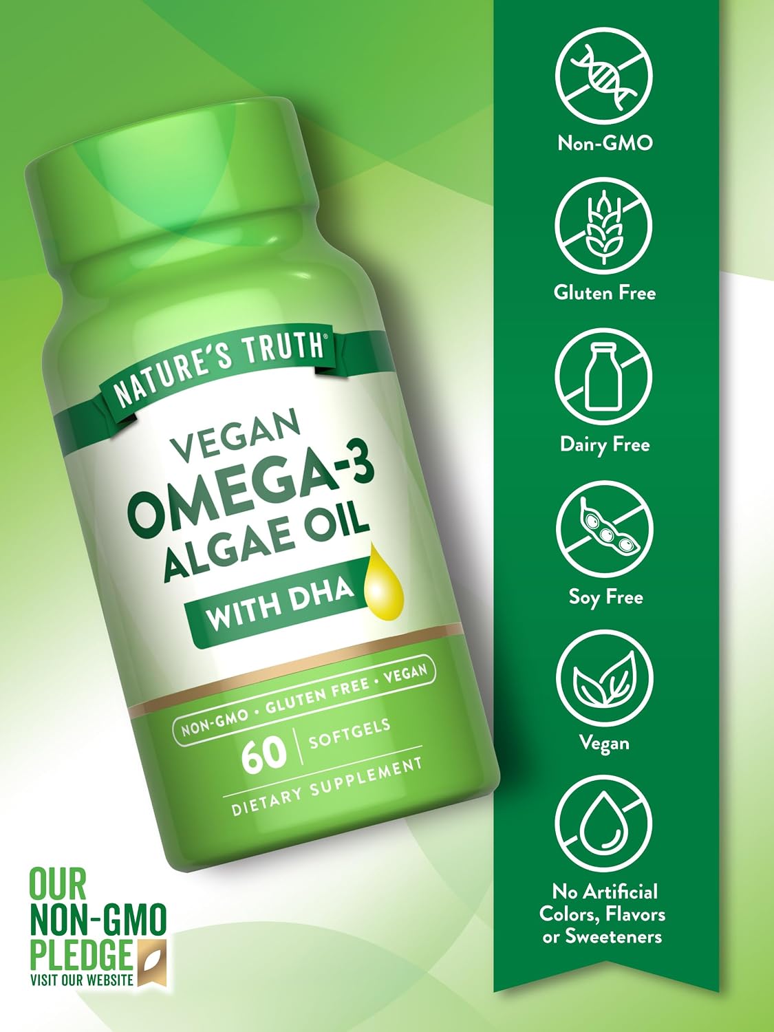 Nature’s Truth Vegan Omega‑3 Algae Oil with DHA softgels 60s-Brain & Cognitive Support:-Heart & Circulation Health: