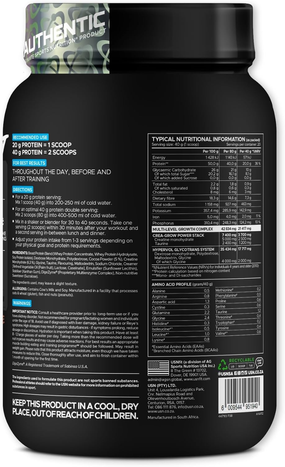 USN Protein Beast 1.76lbd(800g) 44scoops (22serving)