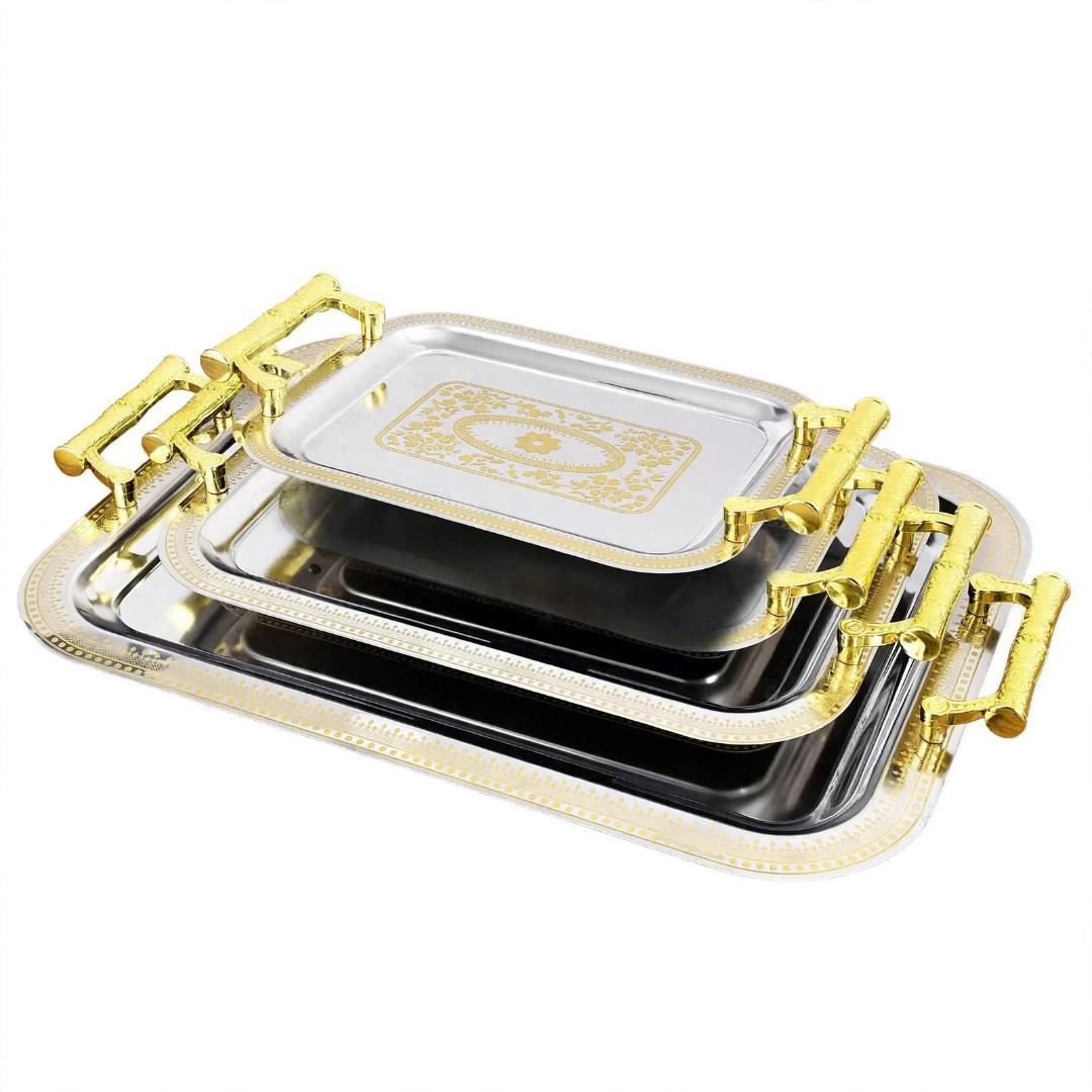 Gold Handle Silver Stainless Steel 35-42cm Rectangular 3Pcs Serving Tray Set For Tea Coffee Snacks Food Fruits And Table Presentation