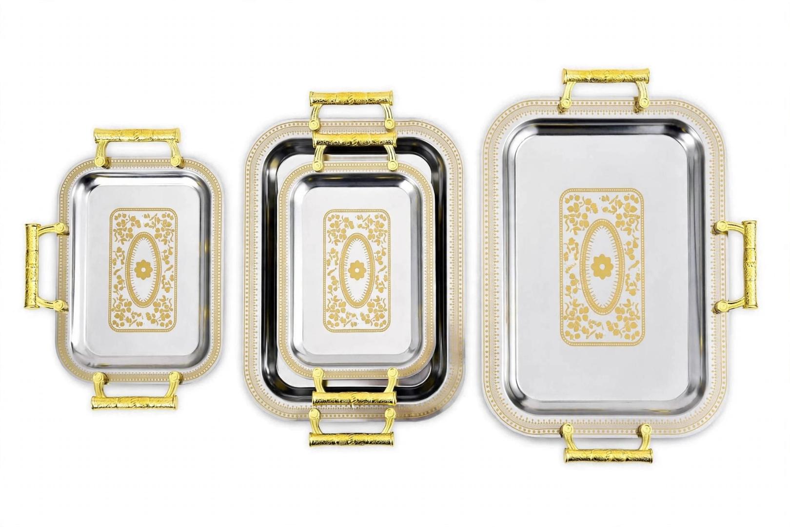 Gold Handle Silver Stainless Steel 35-42cm Rectangular 3Pcs Serving Tray Set For Tea Coffee Snacks Food Fruits And Table Presentation