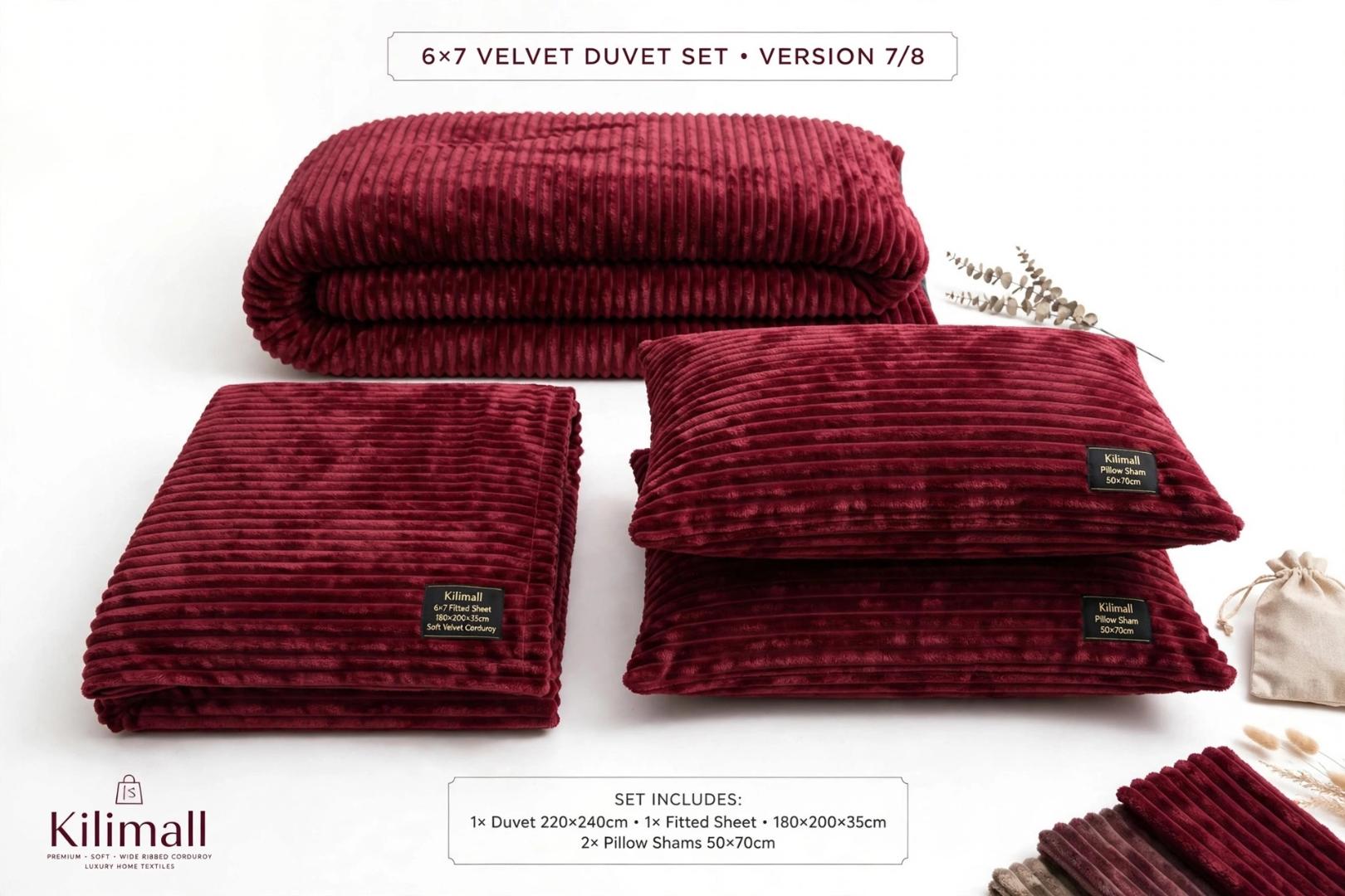 TC BRAND Premium Wide Ribbed Corduroy Velvet Fluffy Duvet Set in Deep Wine Red Maroon Color Size 6x7 4PCS Includes 1 Duvet 1 Bedsheet and 2 Pillowcases for Home Bedroom Hotel and Cold Season Warm Bedd