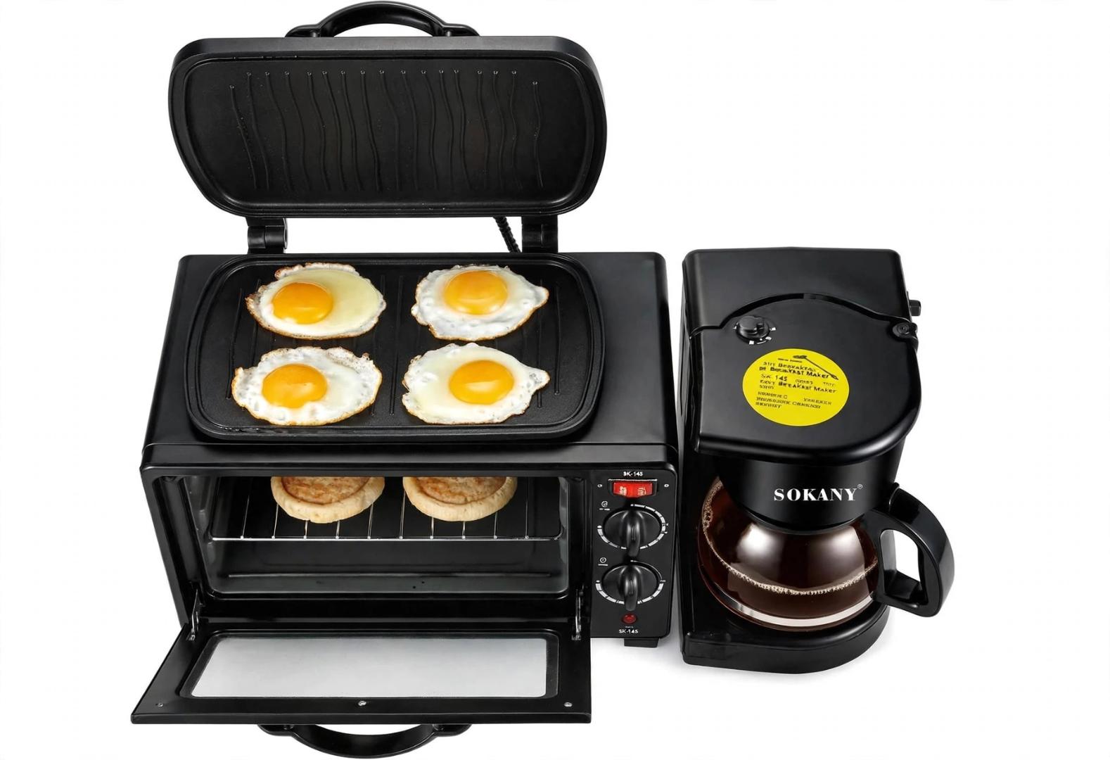 SOKANY SK-145 Black Stainless Steel 12L Oven 1L Coffee Maker 1250W 3-in-1 Breakfast Station with Non-Stick Griddle Frying Pan for Baking Toasting Frying Eggs and Brewing Coffee