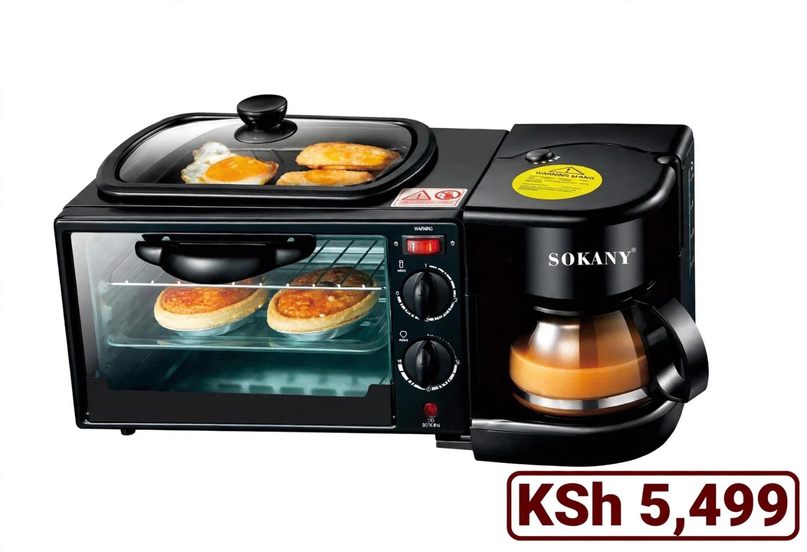 SOKANY SK-145 Black Stainless Steel 12L Oven 1L Coffee Maker 1250W 3-in-1 Breakfast Station with Non-Stick Griddle Frying Pan for Baking Toasting Frying Eggs and Brewing Coffee