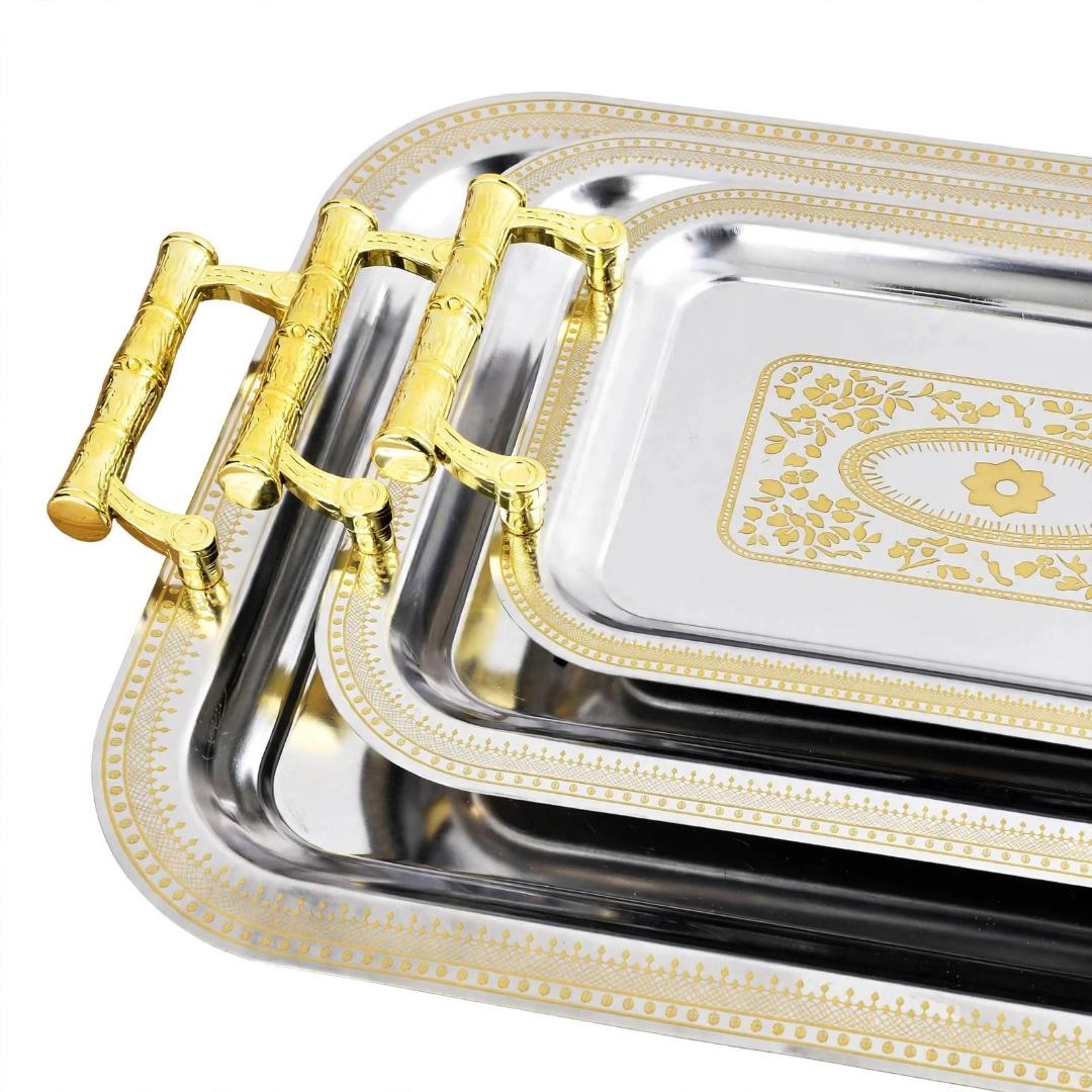 Gold Handle Silver Stainless Steel 35-42cm Rectangular 3Pcs Serving Tray Set For Tea Coffee Snacks Food Fruits And Table Presentation