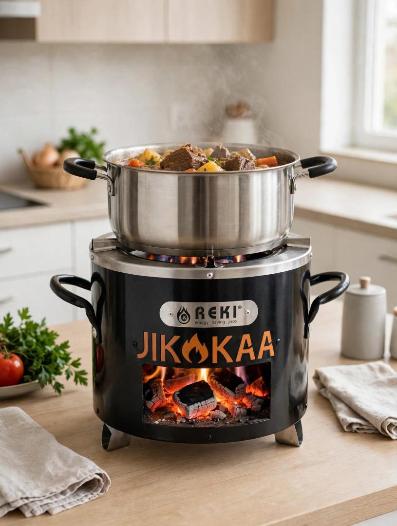 REKI JIKOKaa Black Stainless Steel and Ceramic Charcoal Energy Saving Jiko Stove Large Size for Home Indoor Outdoor Cooking Family Meals and BBQ