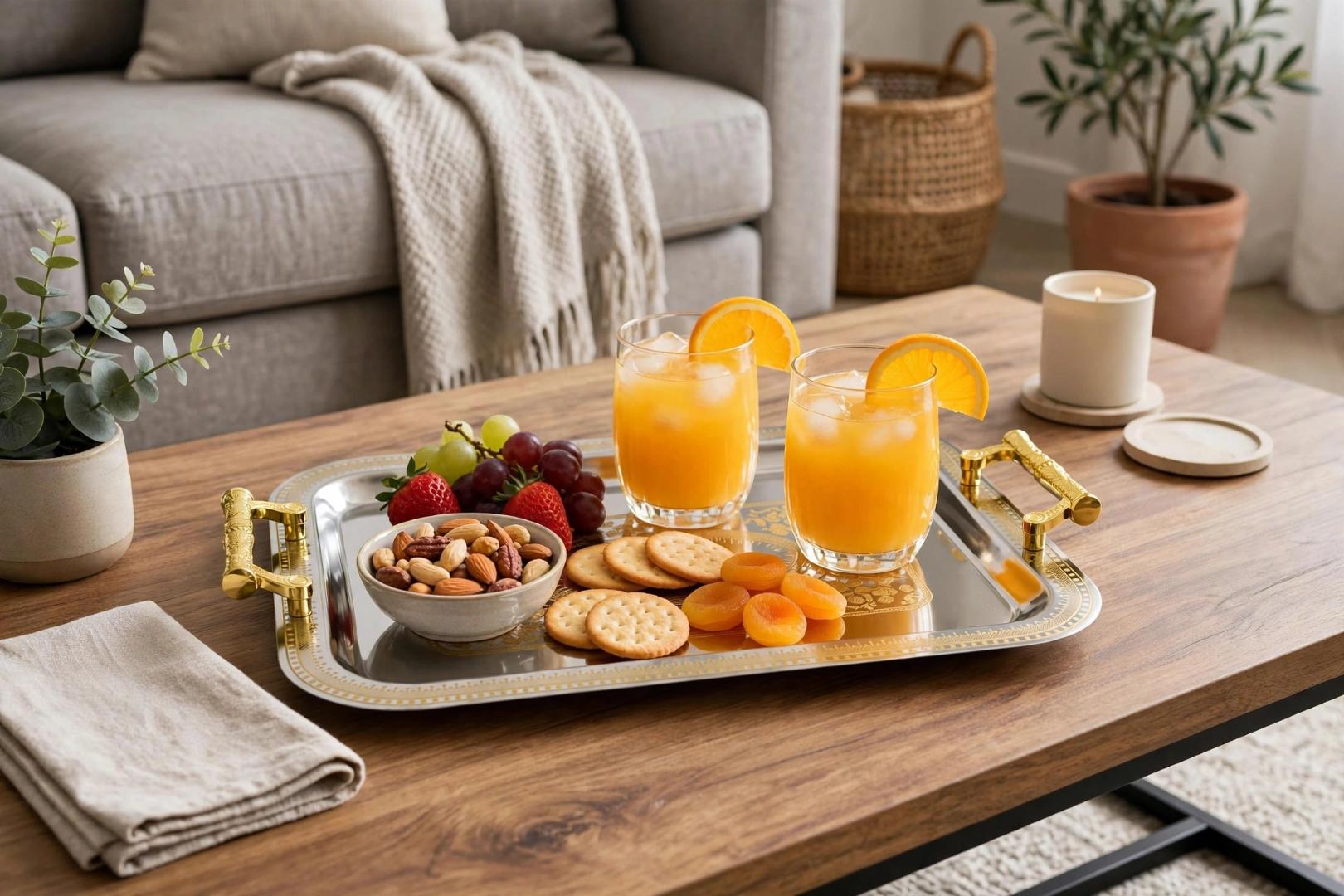 Gold Handle Silver Stainless Steel 35-42cm Rectangular 3Pcs Serving Tray Set For Tea Coffee Snacks Food Fruits And Table Presentation