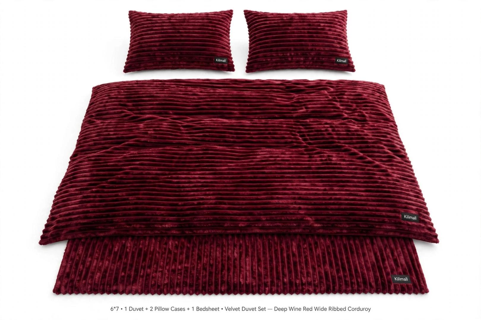 TC BRAND Premium Wide Ribbed Corduroy Velvet Fluffy Duvet Set in Deep Wine Red Maroon Color Size 6x7 4PCS Includes 1 Duvet 1 Bedsheet and 2 Pillowcases for Home Bedroom Hotel and Cold Season Warm Bedd