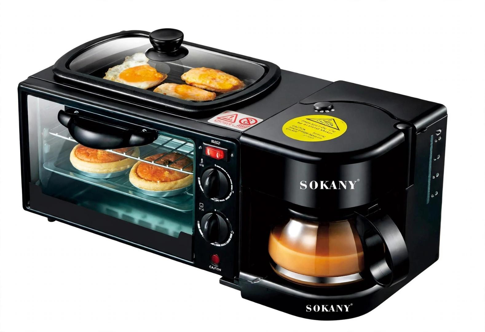 SOKANY SK-145 Black Stainless Steel 12L Oven 1L Coffee Maker 1250W 3-in-1 Breakfast Station with Non-Stick Griddle Frying Pan for Baking Toasting Frying Eggs and Brewing Coffee
