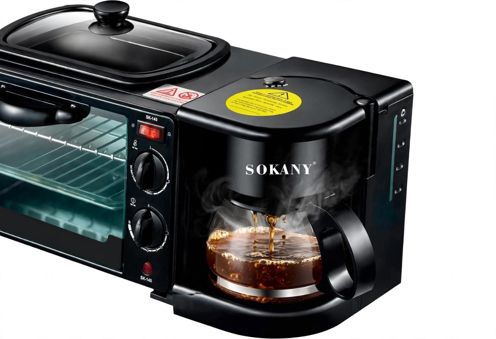 SOKANY SK-145 Black Stainless Steel 12L Oven 1L Coffee Maker 1250W 3-in-1 Breakfast Station with Non-Stick Griddle Frying Pan for Baking Toasting Frying Eggs and Brewing Coffee