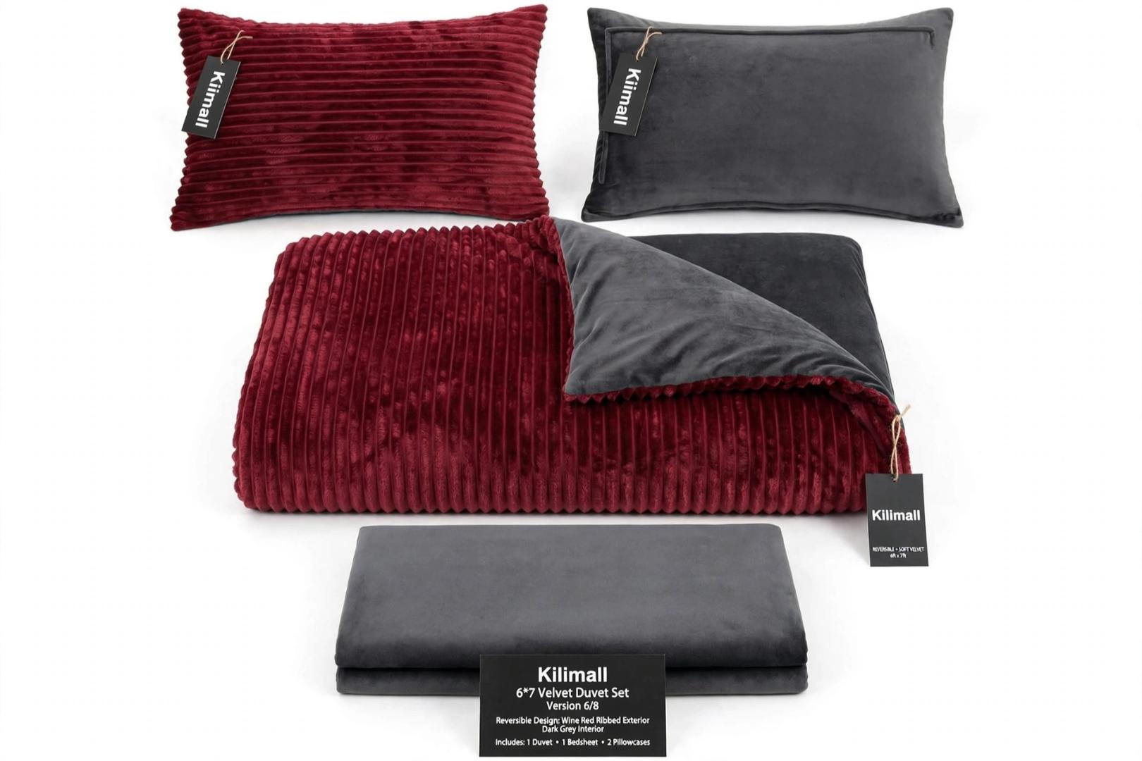 TC BRAND Premium Wide Ribbed Corduroy Velvet Fluffy Duvet Set in Deep Wine Red Maroon Color Size 6x7 4PCS Includes 1 Duvet 1 Bedsheet and 2 Pillowcases for Home Bedroom Hotel and Cold Season Warm Bedd