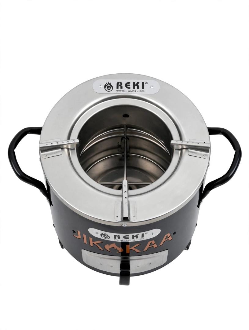 REKI JIKOKaa Black Stainless Steel and Ceramic Charcoal Energy Saving Jiko Stove Large Size for Home Indoor Outdoor Cooking Family Meals and BBQ
