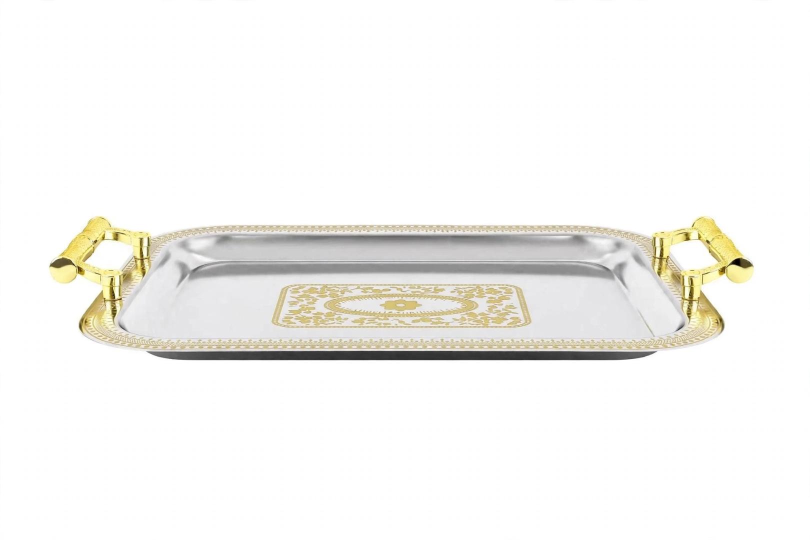 Gold Handle Silver Stainless Steel 35-42cm Rectangular 3Pcs Serving Tray Set For Tea Coffee Snacks Food Fruits And Table Presentation