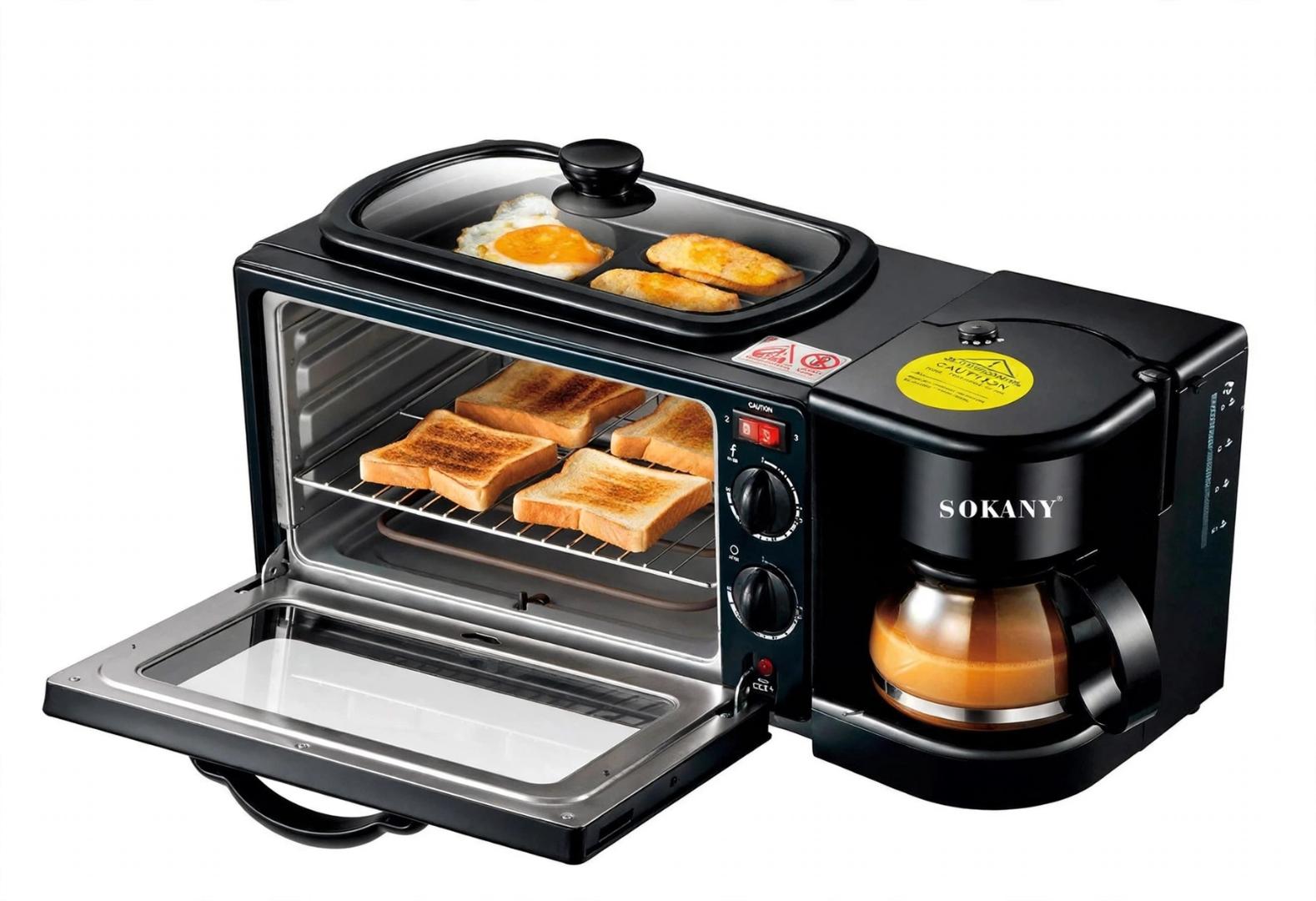 SOKANY SK-145 Black Stainless Steel 12L Oven 1L Coffee Maker 1250W 3-in-1 Breakfast Station with Non-Stick Griddle Frying Pan for Baking Toasting Frying Eggs and Brewing Coffee