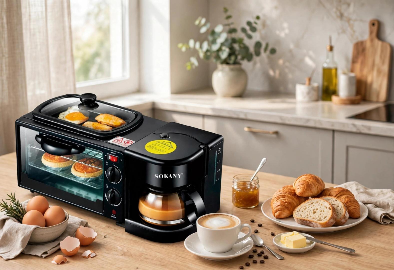 SOKANY SK-145 Black Stainless Steel 12L Oven 1L Coffee Maker 1250W 3-in-1 Breakfast Station with Non-Stick Griddle Frying Pan for Baking Toasting Frying Eggs and Brewing Coffee