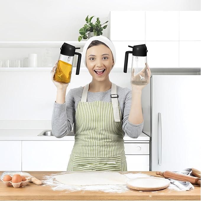 2 in 1 Glass Dispenser Spray & Pour Bottle Dispenser Oil Sprayer Bottle for Cooking with Nozzle for Air Fryer, BBQ, Roasting, Frying, Kitchen & Salad Leak-Proof, Reusable