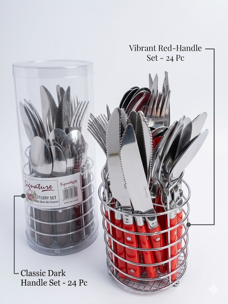 Signature 25 Pcs Stainless Steel Cutlery Set with Stand – Premium Kitchen & Dining Utensils Set, Includes knives, forks, teaspoons and a stylish storage stand, Rust-resistant, easy to clean.
