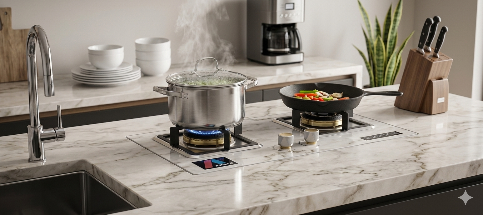BUILT IN GAS COOKER| 2 Burner Amaze Glass Inbuilt Hob Cooker – Built-in Gas Stove, Strong stainless steel burner base for durability, High-efficiency dual burners for fast cooking, Smooth precision.