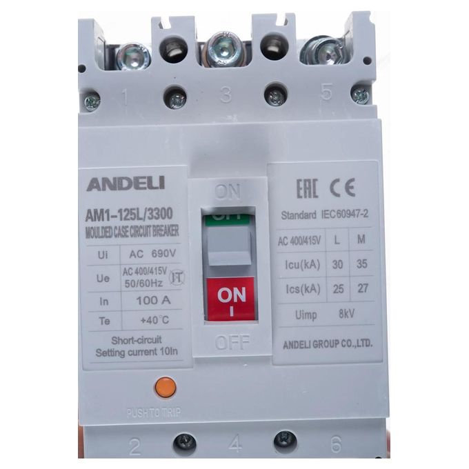 ANDELI AM1-125L/3300 100A Moulded Case Circuit Breaker MCCB 3poles Three Phase Up to 400/415V AC Rated Frequency 50/60Hz