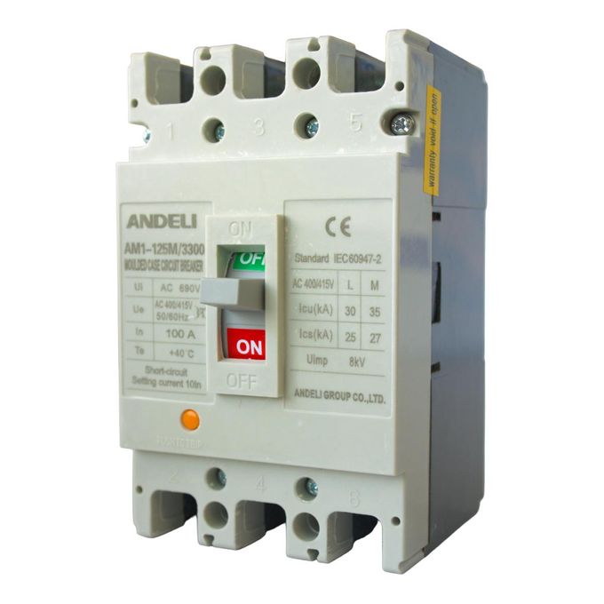 ANDELI AM1-125L/3300 100A Moulded Case Circuit Breaker MCCB 3poles Three Phase Up to 400/415V AC Rated Frequency 50/60Hz