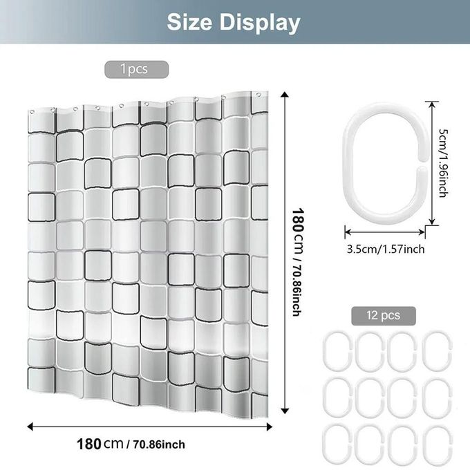 Shower Curtain Liner Waterproof – 180 x 180 PEVA Premium Shower Curtain with 12 Plastic Grommets Hooks Polyester Waterproof Printed