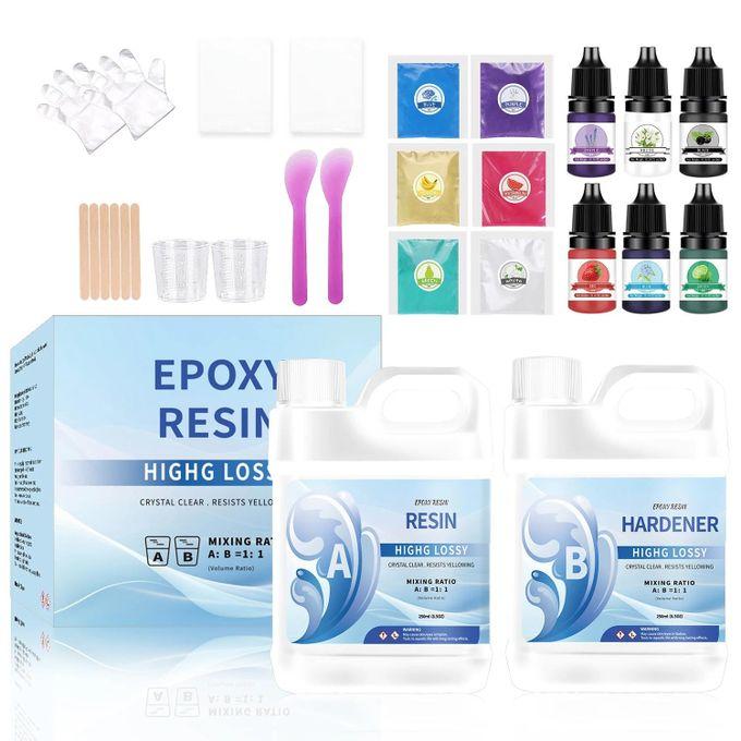 Crystal Clear Epoxy Resin Starter Kit for River Table Tops, Art Casting Jewelry Projects, Silicone DIY Craft Molds and Pigment for Art Craft Quick Curing Time (Ratio 1:1, 0.25kg:0.25kg) 0.5KG Net